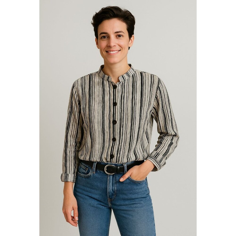 Christopher & Banks Blouse Large Black White Striped Button  Boho Artsy Retro